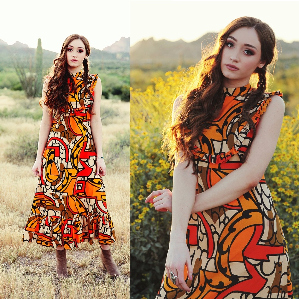 1970s Orange Graphic Hawaiian Maxi Dress